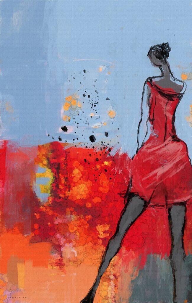 "ויברטו לתיבת תהודה", מאת איש גורדון, דמות אצילית בקווי אפור ושחור על רקע אדום וכתום עשיר בטקסטורות.