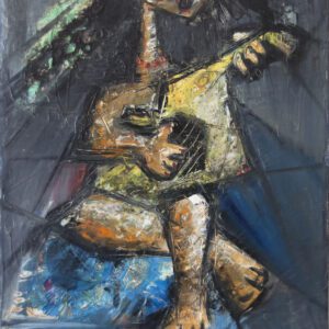 מנגינה רחוקה, מאת איש גורדון. ציור שמן מקורי על בד בסגנון קוביסטי המתאר דמות מנגנת בגיטרה בצבעים חמים.