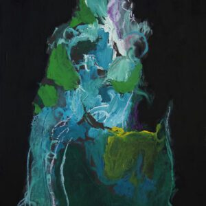 מסע לילי (Nocturnal Exodus) מאת איש גורדון, ציור מופשט של אישה פליטה עם תינוק על חמור בטכניקה מעורבת על קרטון.