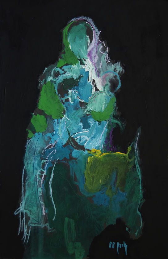 מסע לילי (Nocturnal Exodus) מאת איש גורדון, ציור מופשט של אישה פליטה עם תינוק על חמור בטכניקה מעורבת על קרטון.