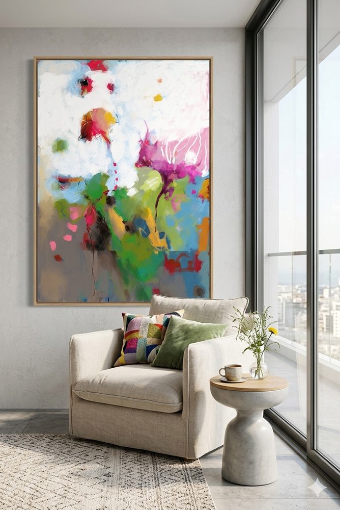 הדמייה של הציור "מופשט פורח" מאת איש גורדון בפינת ישיבה מוארת