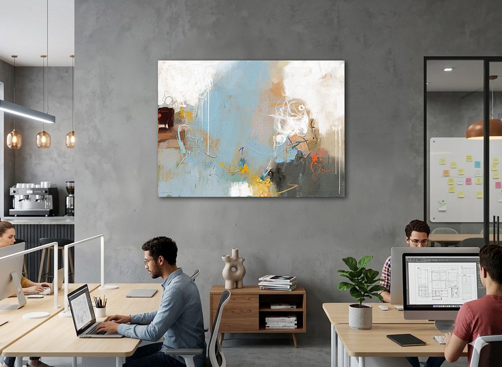 הדמיה של הציור "הרהורים בתכלת" מאת איש גורדון כשהוא תלוי בסביבת עבודה של חברת פיתוח סטרטאפ.