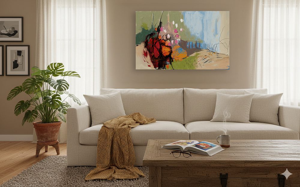 הדמיה של הציור ביכורים מאת איש גורדון כשהיא תלויה על קיר בסלון ביתי.