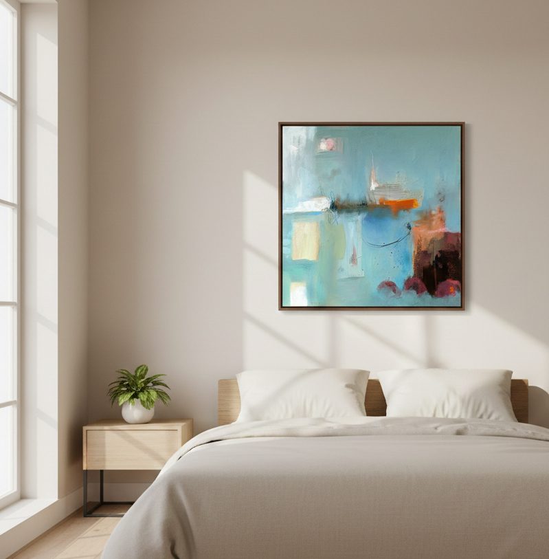 הדמייה של הציור "חרטום נושק למזח" מאת איש גורדון כשהיא תלויה בחדר שינה מעל המיטה