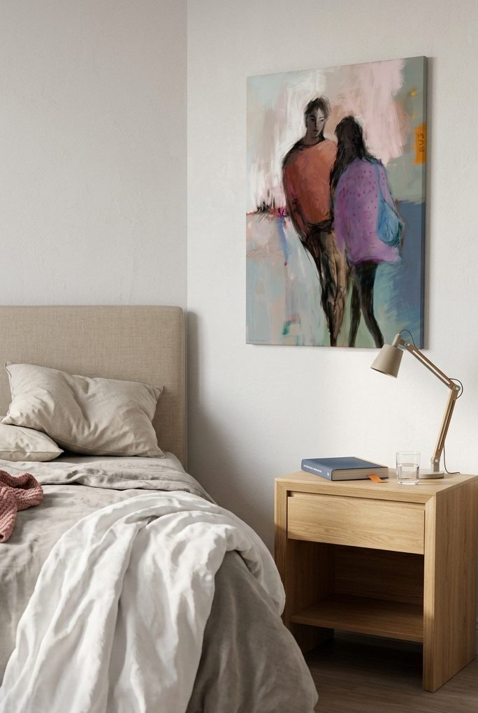 תמונת הדמייה של הציור "פגישה מקרית" בחדר שינה