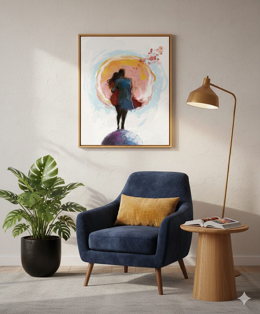 הדמייה של הציור "ארבע הרוחות" עם מסגרת דקה סביב הקנבס תלויה מעל פינת ישיבה ובה כורסה מרופדת, עציץ עם צמח ומנורת עמוד