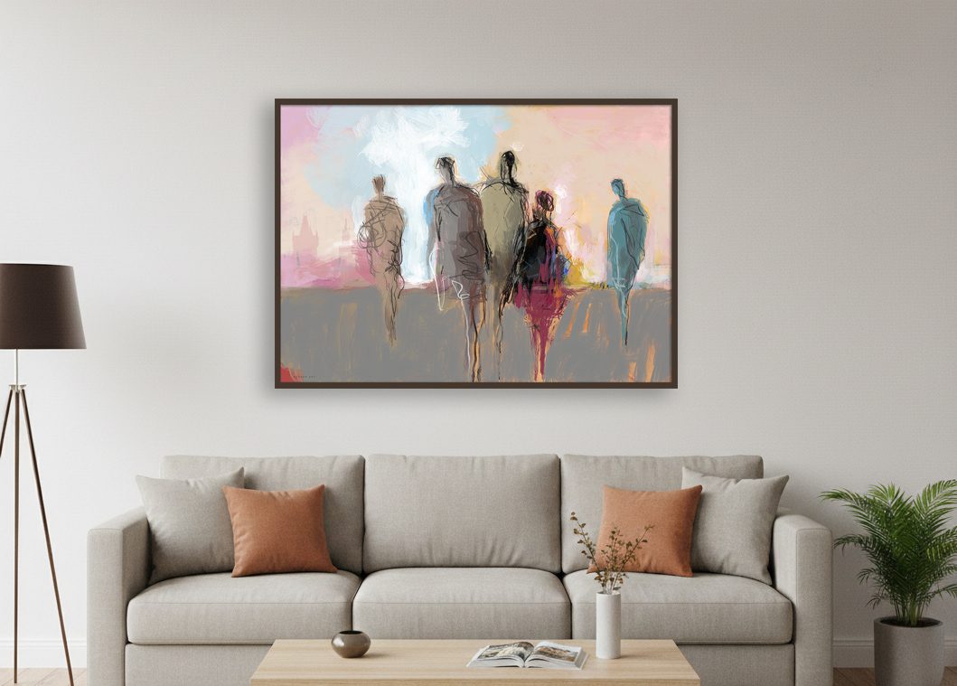 הדמיה של הציור "חמש בבוקר" מאת איש גורדון כשהוא תלוי על קיר בסלון ביתי.