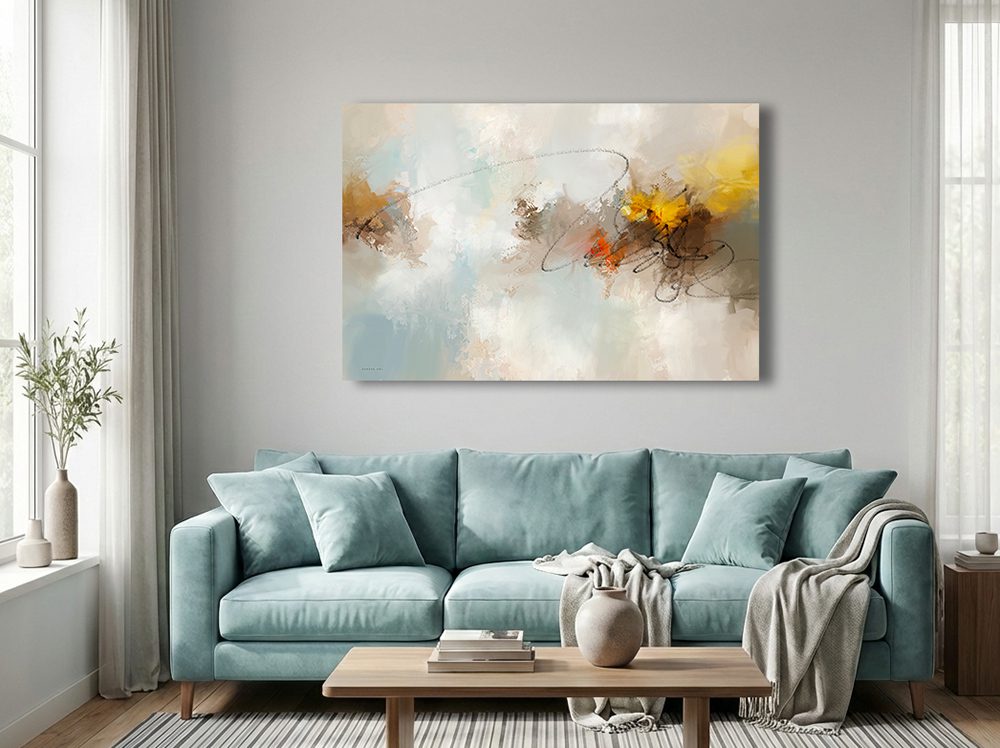 הדמייה של הציור "הלב הוצת" מאת איש גורדון תלויה מעל ספה רחבה בגווני טורקיז בהירים. אוירה של מקום ישיבה חמים בבית עם ספרים על השולחן ושמיכות דקיקות שמוטות על הספה.