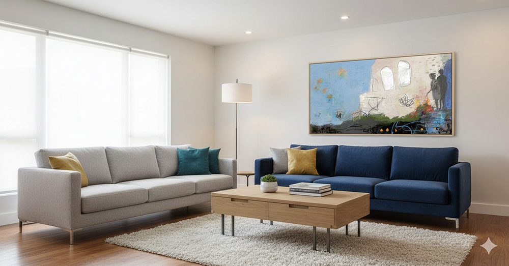 הדמיה לציור "בית אישה וגינה" מאת איש גורדון תלויה על קיר של סלון עם שתי ספות וחלון גדול