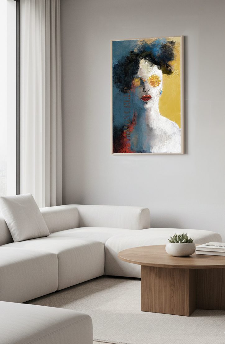 תמונת הדמיה של הציור "נשיקת לימונצ'לו" מאת איש גורדון תלויה על קיר בסלון מודרני