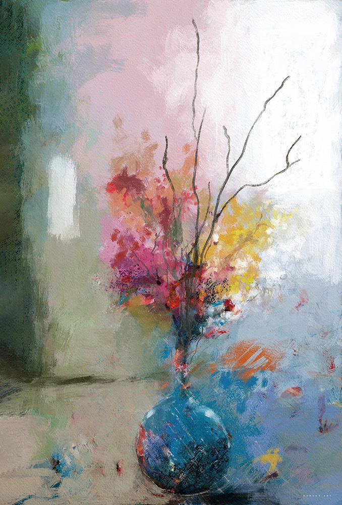 ציור מופשט "בוקר קסום" מאת איש גורדון. אגרטל כחול עגול המכיל ענפים דקים ופריחה מופשטת בגווני ורוד, צהוב וכתום על רקע מאופיין במשיחות מכחול רכות בתכלת אפור וגם ורוד רך מפוזר, תאורה עדינה המשרה שלווה של בוקר.