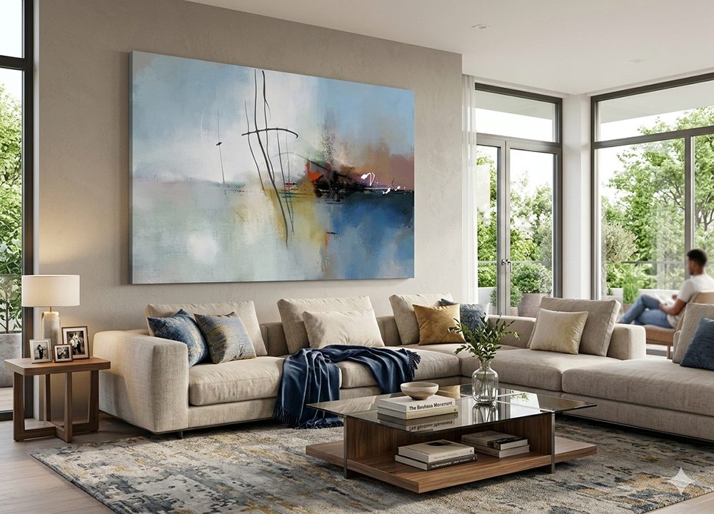 הדמיה של הציור "תו בודד על פני המים" מאת איש גורדון תלוי בסלון גדול.