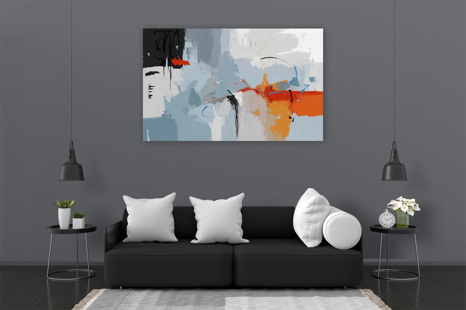 הדמייה של הציור "בדרכי לשום מקום" מופשט בגווני אפור מעל ספה בסלון - איש גורדון