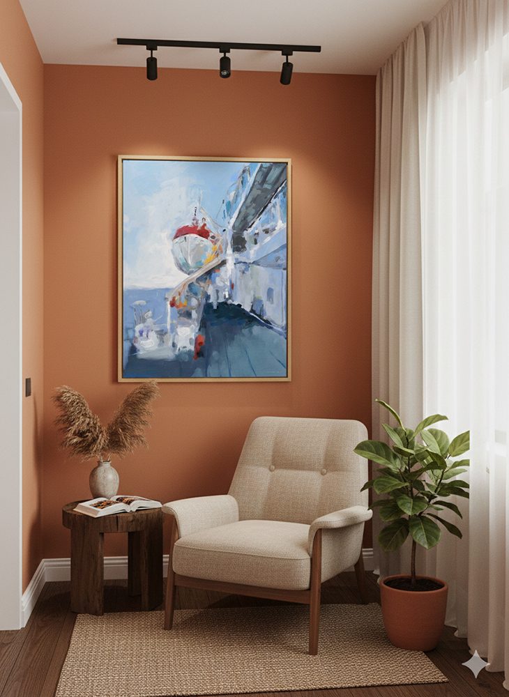 הדמייה של הציור "הפלגנו עם שחר" של איש גורדון בפינת ישיבה חמימה, קיר בגוון כתום שקט, כורסא ועציץ