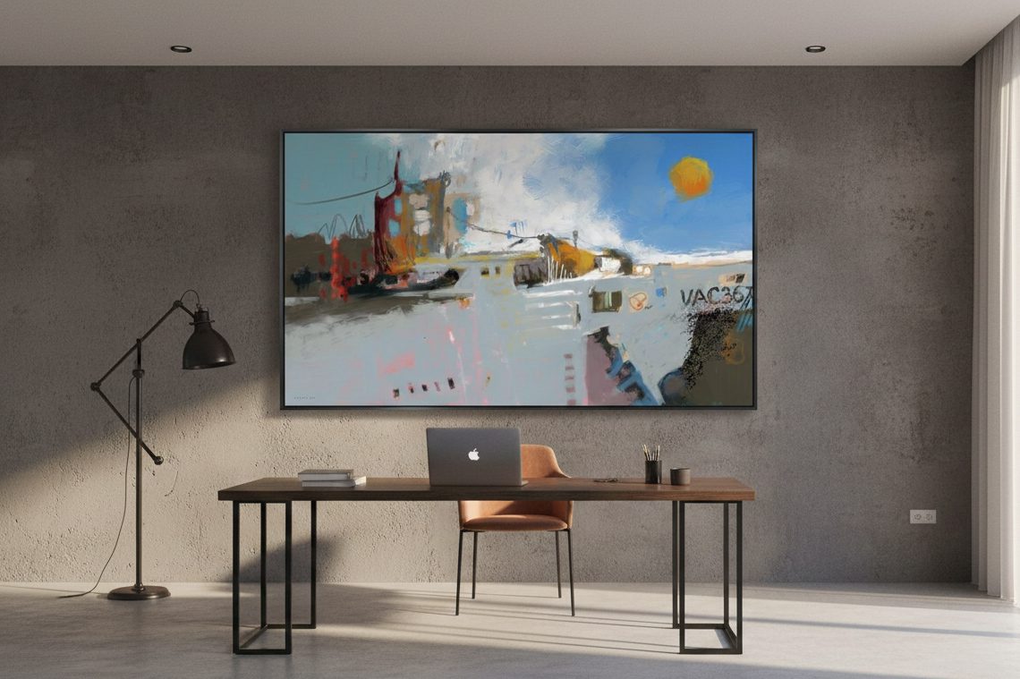 הדמייה של הציור "פלדה מלוחה" מאת איש גורדון כשהיא מוצבת בחלל משרדי מעל פינת ישיבה, כסא ושולחן מאורך ועליו מחשב נייד.