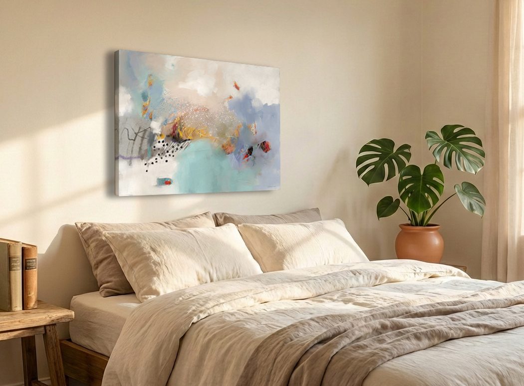 הדמייה של הציור "ערפילי עונג מאת איש גורדון תלויה בחדר שינה זוגי ומרופד. ספרים על השידה בצד אחד ועציץ שופע בצד השני של המיטה.