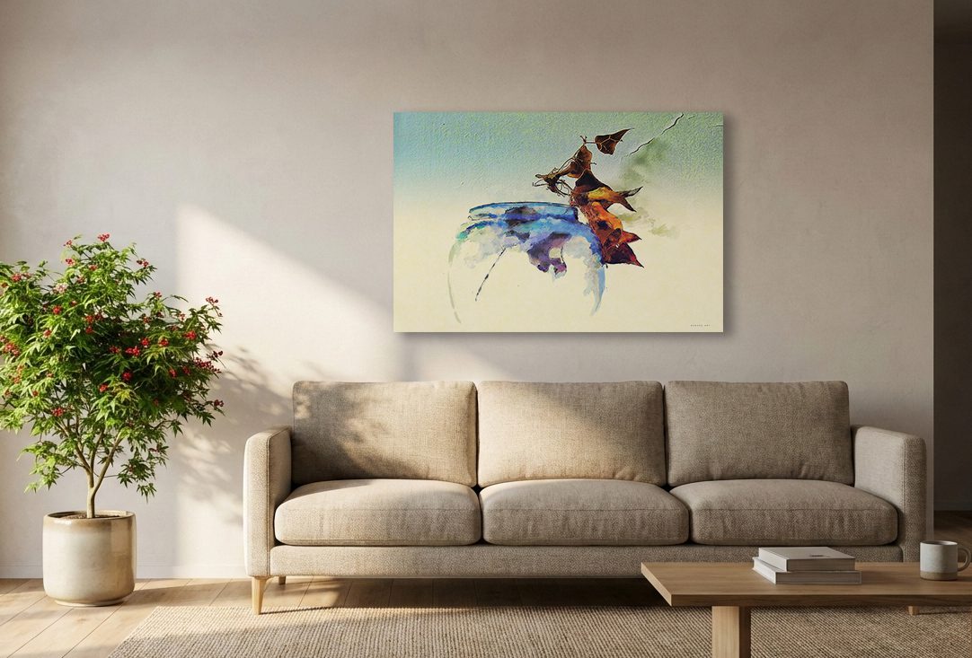 הדמייה של הציור "רסיסי אור", קנבס תלוי מעל ספה רכה תלת מושבית בצבע קרם