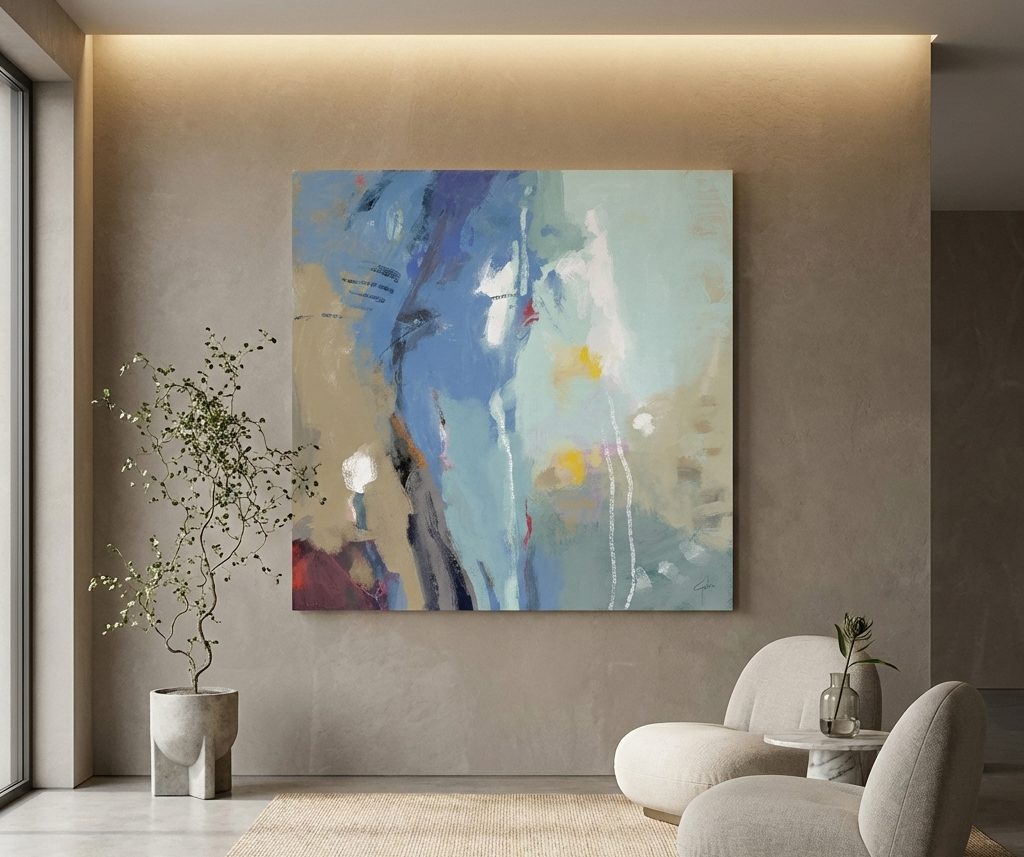 הדמייה של הציור "נגיעות של ים" של הצייר איש גורדון בכניסה ללובי של בית מלון או חדר המתנה מרווח