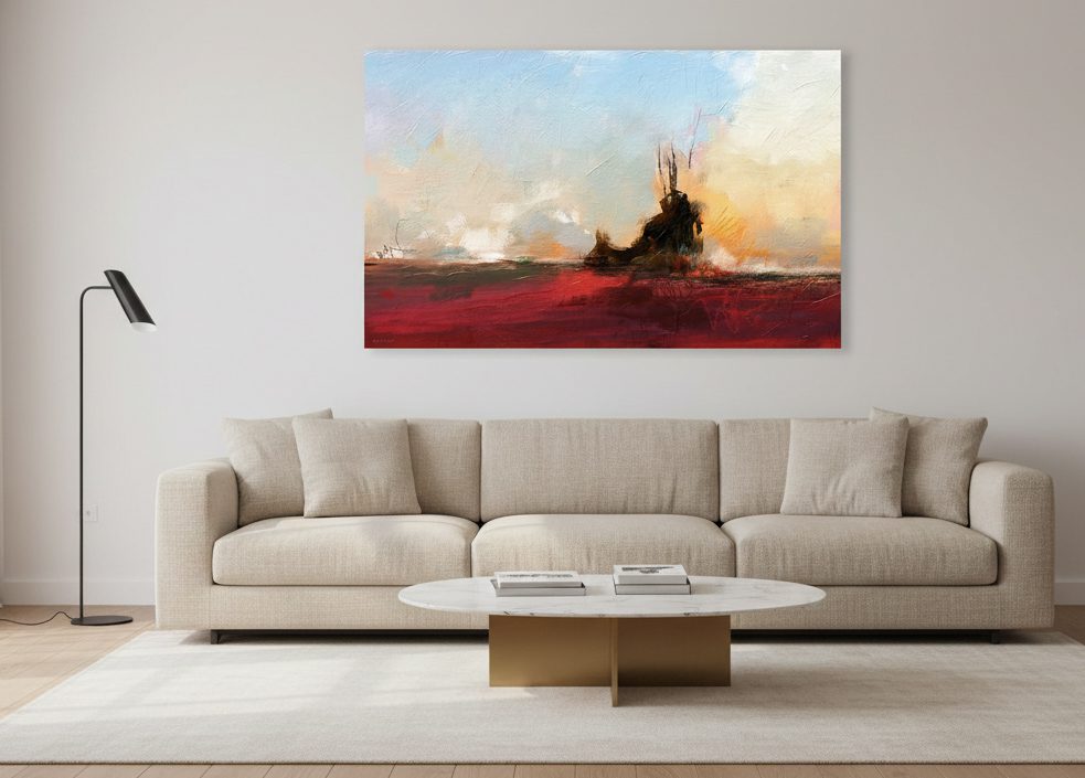 הדמיה של הציור "הים האדום" מאת איש גורדון כשהיא תלויה מעל ספה בסלון ביתי.