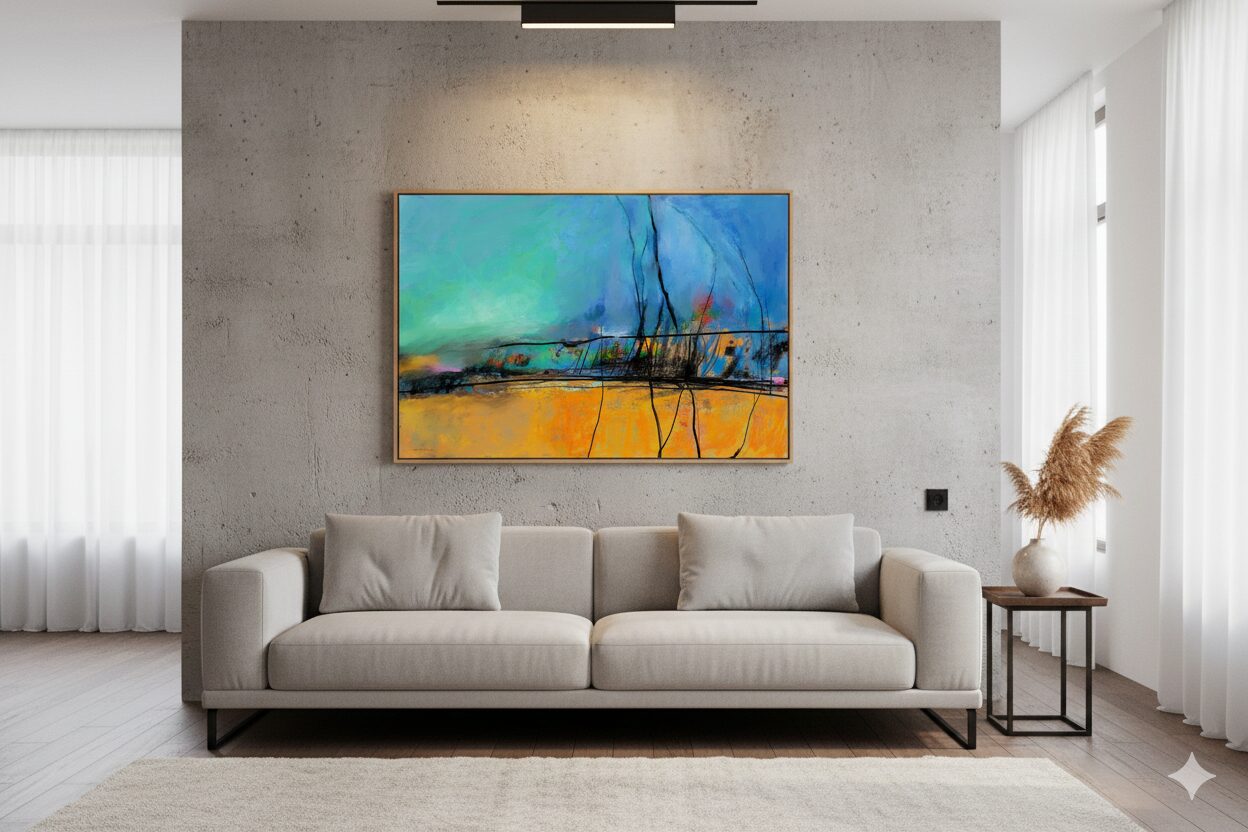 הדמייה של הציור "הגשר" מאת איש גורדון, תלויה מעל ספה רחבה בגווני קרם בהיר.