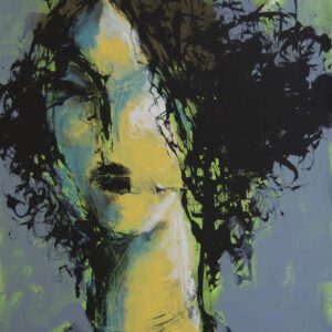 הציור הפנינה השחורה, מאת איש גורדון. פורטרט אקספרסיבי באקריליק על קנבס עם שיער שחור סוער ופנים בגווני צהוב וטורקיז על רקע ירוק ואפור.