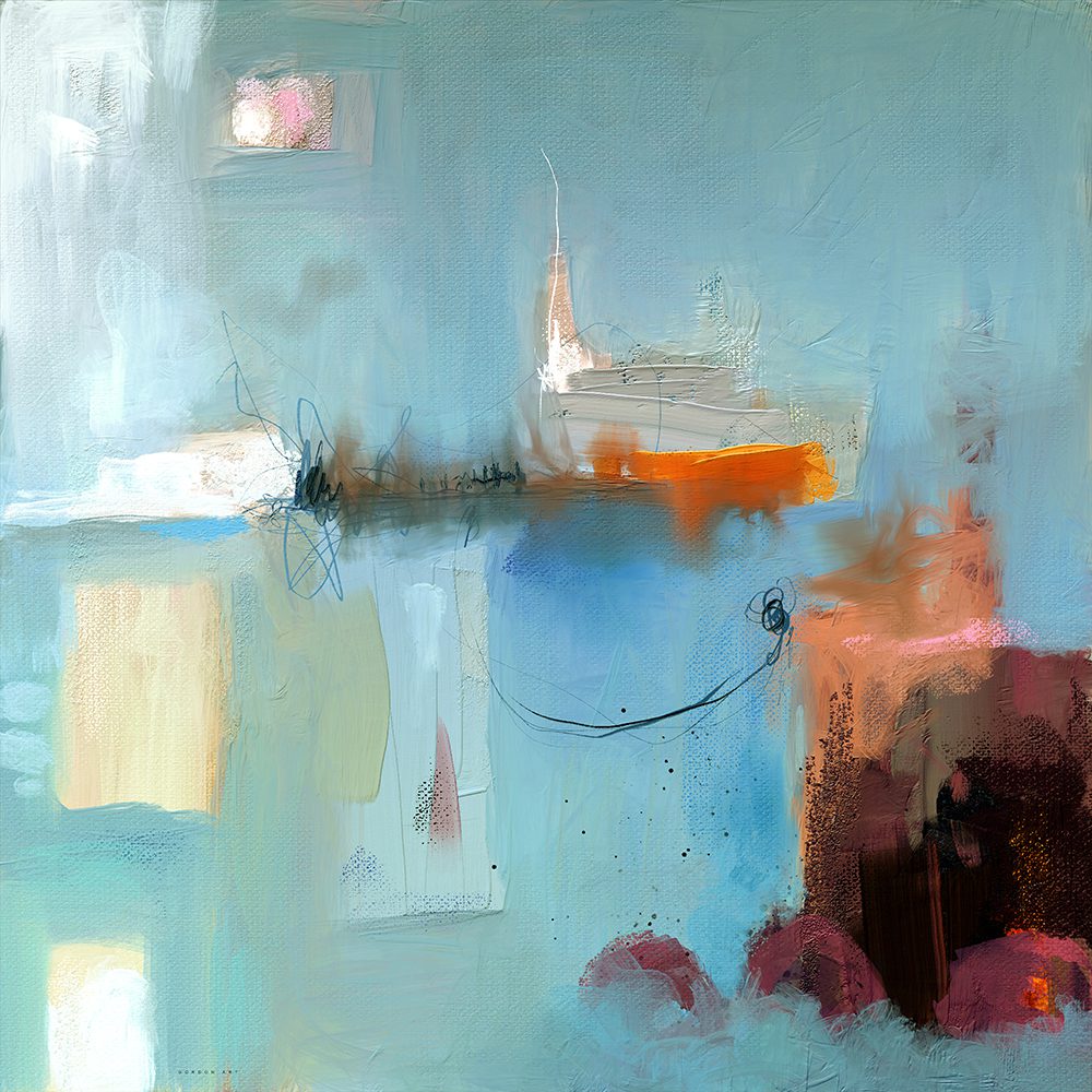 ציור מופשט "חרטום נושק למזח" מאת איש גורדון - סירה בגוני כתום קשורה למזח על רקע טורקיז בהיר