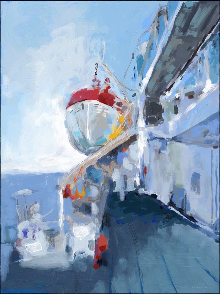 ציור מופשט "הפלגנו עם שחר" מאת איש גורדון. מבט מסיפון ספינת נוסעים, עם סירת הצלה אדומה תלויה ובולטת על רקע הים ושמיים בגווני כחול ותכלת בהירים. הדפס קנבס מודרני אימפרסיוניסטי המשרה תחושת חופש.