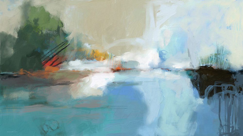 ציור מופשט של האמן איש גורדון בשם 'אורות בראשית'. היצירה מציגה התפרצות של אור בהיר מתוך גווני כחול וירוק עמוקים, עם הכיתוב המקראי "ויהי ערב ויהי בוקר יום אחד" משולב בעדינות בקו האופק.