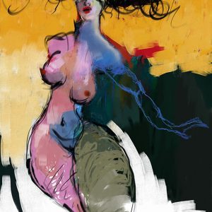 ייסורי התשוקה, מאת איש גורדון. ציור מופשט של דמות אישה אירוטית בסערת רגשות וצבעים.