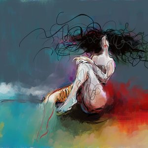 מחשבות פתלתלות, מאת איש גורדון, ציור אקספרסיבי של דמות נשית עם שיער שחור סבוך על רקע כחול ואדום.