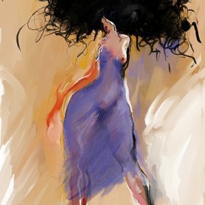 השמלה הסגולה, מאת איש גורדון. ציור אבסטרקטי של אישה עם שיער שחור גדול ושמלה סגולה שקופה על רקע חום וכתום.