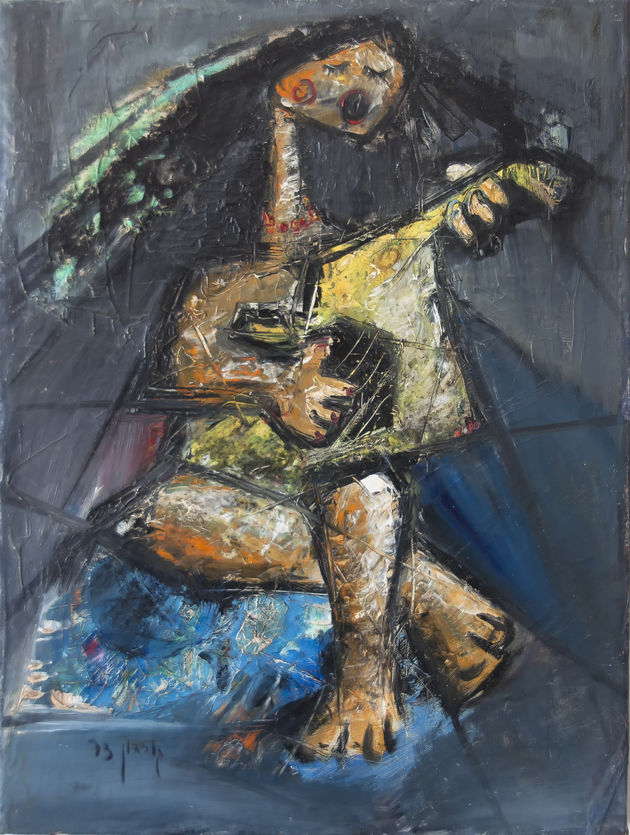 מנגינה רחוקה, מאת איש גורדון. ציור שמן מקורי על בד בסגנון קוביסטי המתאר דמות מנגנת בגיטרה בצבעים חמים.